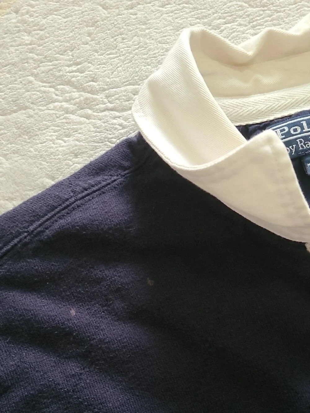 Vtg Polo Ralph Lauren Rugby Shirt 2LT Tall Navy Cream Elbow Patch Big & Tall